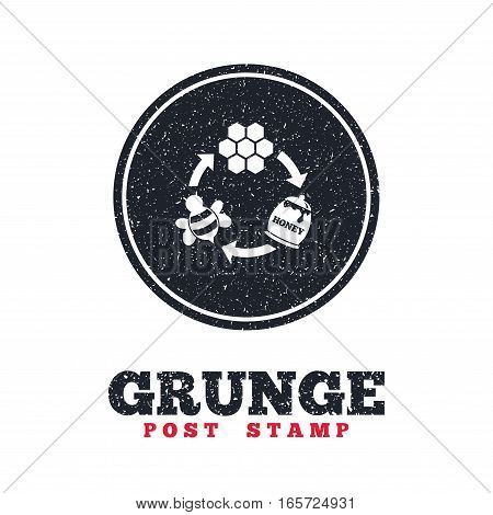 Grunge post stamp. Circle banner or label. Producing honey and beeswax sign icon. Honeycomb cells symbol. Honey in pot. Sweet natural food cycle in nature. Dirty textured web button. Vector