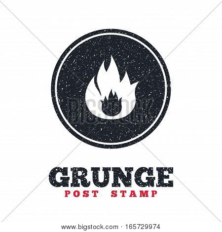 Grunge post stamp. Circle banner or label. Fire flame sign icon. Fire symbol. Stop fire. Escape from fire. Dirty textured web button. Vector