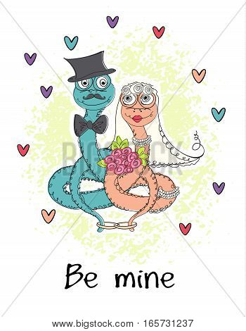 Saint Valentines Day cover vector illustration. Greeting card with cartoon characters. LOVE congratulation in doodle style.