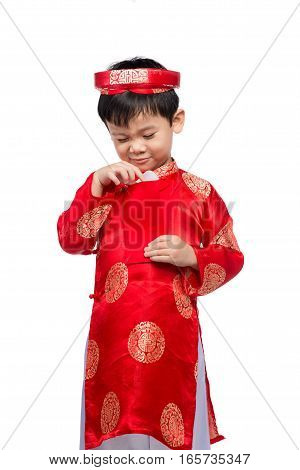 Little Vietnamese Boy Holding Red Envelops For Tet. The Word Mean Double Happiness. It Is The Gift I