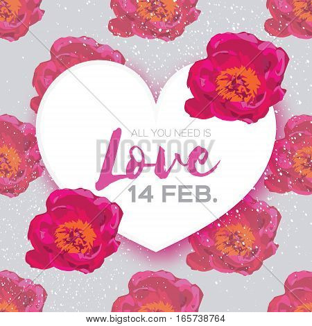 Showy Bouquet of Pink Peony Flowers. Garden botanical natural peonies vector Illustration. Beautiful Floral Greeting card with heart frame and space for text. 14 february - happy valentines day