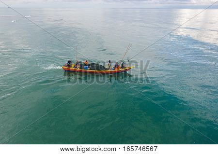 Labuan,Malaysia-Jan 19,2017:Aerial view over Fishing boat on the water at Labuan island,Malaysia.Labuan local ﬁshers provide a supply of fresh ﬁsh to the domestic village market.