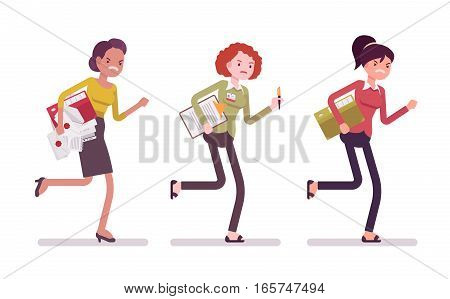Exhausted young businesswoman running for personal business record, results seaking, busy organizing a meeting or event, holding paper and files, office secretary and multitasker
