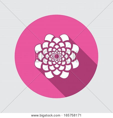 Flower icon. Dahlia, aster, daisy, chrysanthemum, gowan. Summer, autumn floral symbol. Round green flat sign with long shadow. Vector isolated.