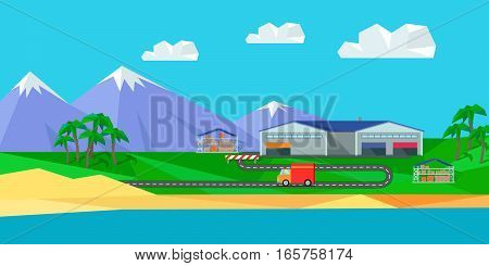 Warehouse on natural landscape. Warehouse interior, logisti and factory building exterior, business delivery, storage cargo vector illustration. Logistics and transportation of cargo.