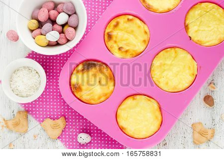Easter nest cake cooking Easter recipe step by step preparation of Easter dessert mini cheesecakes with candy eggs