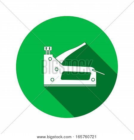 Stapler, staple gun icon. Repair, fix, building, connection, clip tool symbol. Round circle sign with long shadow. Flat design. Vector