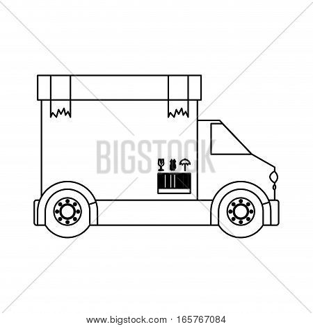 black silhouette contour transport truck with box packing tape broken vector illustration
