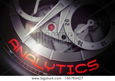 Gears and Mainspring in the Mechanism of a Watch with Analytics on the Face of It. Analytics - Black and White Up Close of Wrist Watch Mechanism. Work Concept with Glowing Light Effect. 3D Rendering.