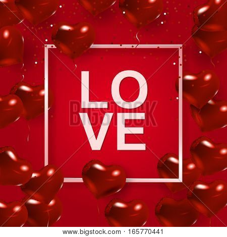 Red background with red hearts. Border with text and balloons. Wedding elements. Valentine SMM banner with sign of love.
