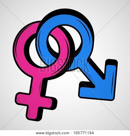 Vector color illustration of male and female characters in the style of the sketch are connected together. Charset value male blue arrow. Symbol woman cross pink. Ideal for catalogs informative and institutional material