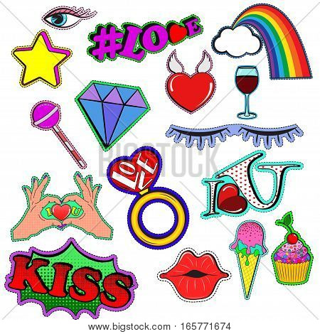 Fashion patch badges with lips hearts stars and other elements. Vector illustration isolated on white background. Set of stickers pins patches in cartoon 80s-90s comic style. Pop art