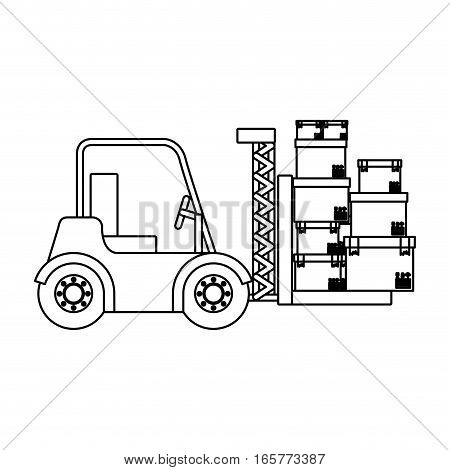 black silhouette contour forklift truck with forks with boxes vector illustration