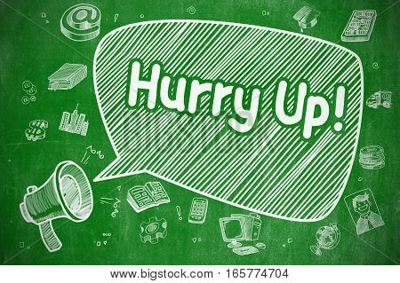 Hurry Up on Speech Bubble. Cartoon Illustration of Yelling Megaphone. Advertising Concept. Shrieking Loudspeaker with Phrase Hurry Up on Speech Bubble. Cartoon Illustration. Business Concept.