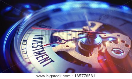 Vintage Watch Face with Investment Phrase on it. Business Concept with Lens Flare Effect. Vintage Watch Face with Investment Wording, Close View of Watch Mechanism. Business Concept. Film Effect. 3D.
