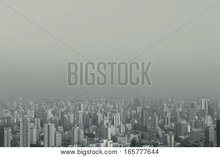 abstract hipster stylized top view foggy big city. black and white vintage fashion style processed