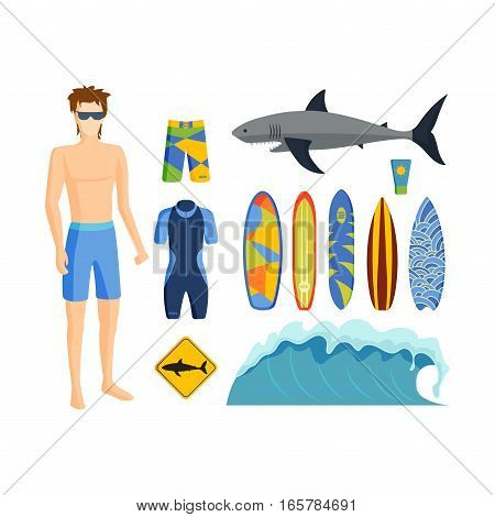 Set of vintage surfing graphics emblems vector flat design. Beach style design seal elements and summer sea symbols. Boarding on waves. Vector hipster insignia.
