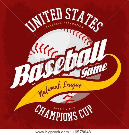 Baseball ball for bat-and-ball national american sport game emblem. United states sport logo or USA athletic league print for t-shirt, advertising of team. Pitcher ball with ribbon.
