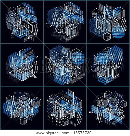 Abstract Backgrounds With Isometric Lines, Vector Illustrations. Templates Made With Cubes, Hexagons