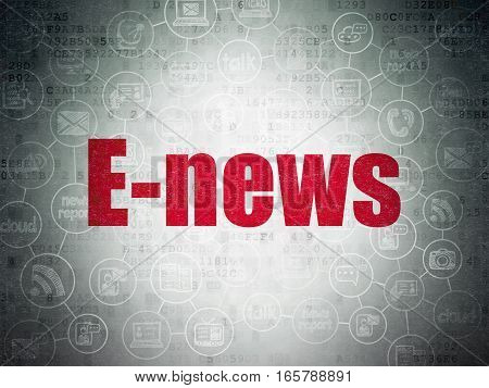 News concept: Painted red text E-news on Digital Data Paper background with  Scheme Of Hand Drawn News Icons