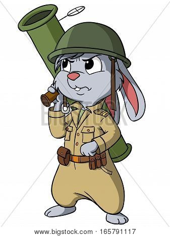 Cartoon bunny with bazooka on the white background