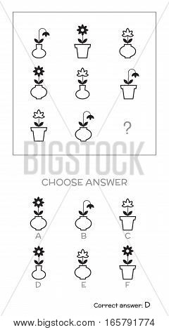 IQ test. Choose answer. Logical tasks composed of floral shapes. Vector illustration