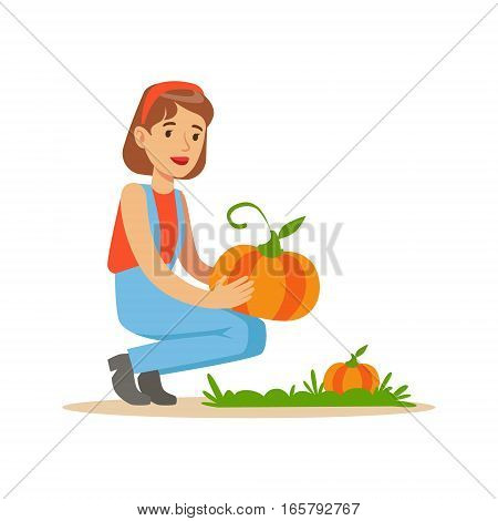 Woman Harvesting Pumpkins, Farmer Working At The Farm And Selling On Natural Organic Product Market. Cartoon Happpy Character Growing Crops And Animals Professionally Vector Illustration.