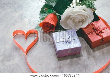 Valentine's Day Background,red Heart With Red White Rose ,ribbon
