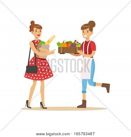 Vendor Bringing Crate Of Vegetables To Buyer, Farmer Working At The Farm And Selling On Natural Organic Product Market. Cartoon Happpy Character Growing Crops And Animals Professionally Vector Illustration.