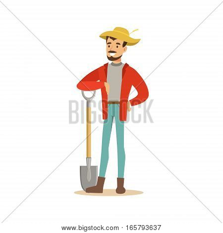 Man In Straw Hat Standing With Shovel, Farmer Working At The Farm And Selling On Natural Organic Product Market. Cartoon Happpy Character Growing Crops And Animals Professionally Vector Illustration.