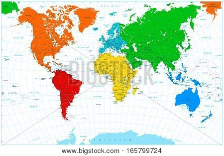 World map with colorful continents. Highly detailed illustration: countries cities grid water objects.