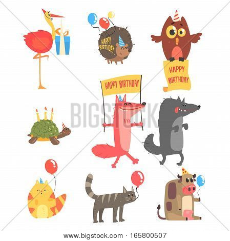 Funky Animals With Party Attributes At The Kids Happy Birthday Celebration Set Of Cartoon Fauna Characters. Comic Vector Illustrations With Festive Accessories And Zoo Animals.