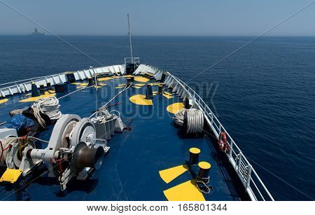 Foredeck of a cruise ship sailing in the ocean