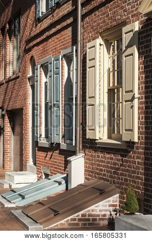 Old vintage city building street brick wall facade