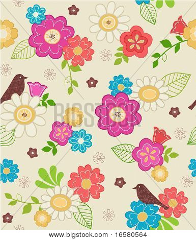 Hånd-tegnet blomstermotiver & fugl sømløse gentage mønster-$ 4 i foråret vinger Design Collection Series - vektor