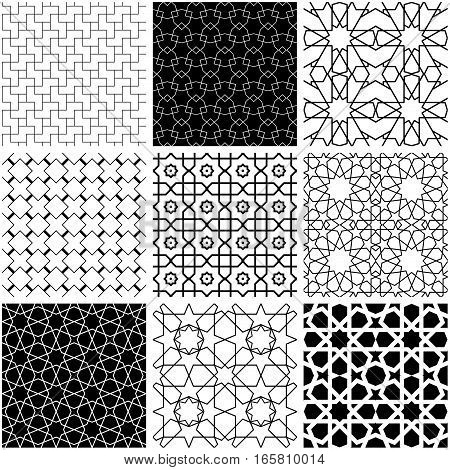 Arabic geometric style abstract patterns in black and white