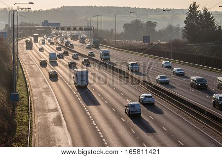 London UK - December 18 2017: Sunset above busiest British motorway M25