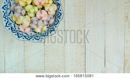 Thai Shortbread Cookies on wood background , Thai dessert on plate