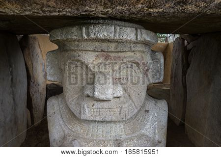 closeup of a pre-columbian stone statue in San Agustin archeological park Colombia
