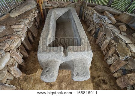 stone sarcophagus in the San Agustin archeological park in Colombia