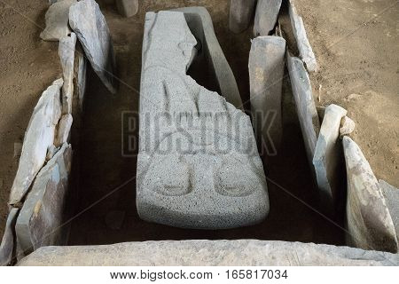 ancient sarcophagus cover in the San Agustin necropolis Colombia