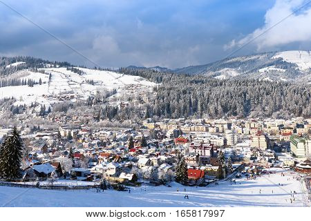 Vatra Dornei in winter time with snow, view from top of the sky slope, romania