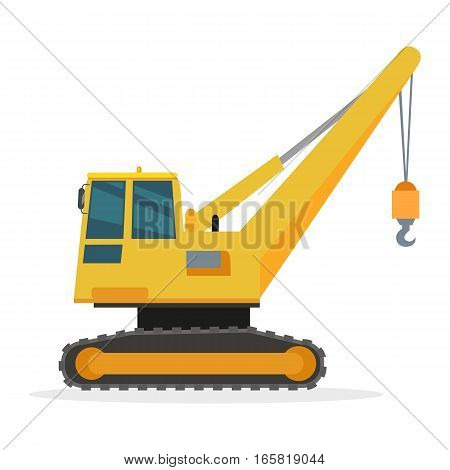 Building crane isolated on white. Caterpillar Crane vector banner. City building concept in flat design. Construction machines. Transport and moving materials, earthworks illustration for advertise.