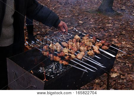 closeup of some meat skewers being grilled in a barbecue