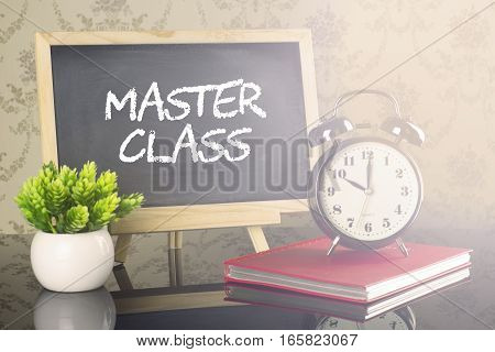 Master Class on blackboard with clock and flare