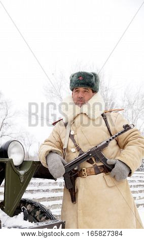 Officer the defender of Stalingrad in winter regimentals reconstruction