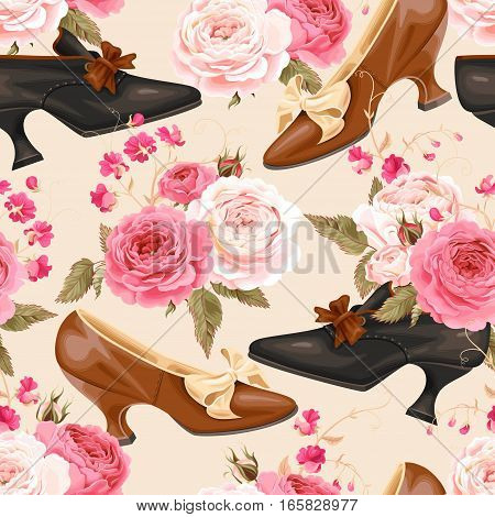 Vintage shoes and roses vector seamless background