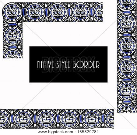 Set of Border elements Vector illustration of the sun symbol. Modern stylization of North American and Canadian native art in black blue and white patterns border