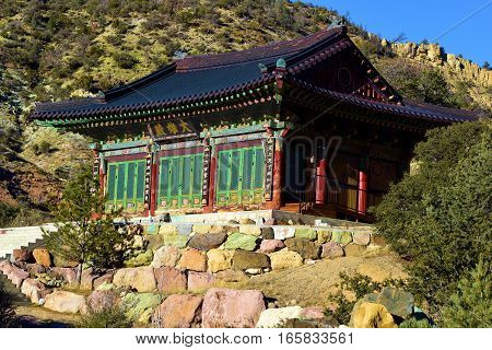 January 12, 2017 in Tehachapi, CA:  Temple building in the rural Sierra Nevada Mountains taken at Tae Go Sah Korean Buddhist Monastery where people can mediate daily and attend Sunday services in a peaceful quiet environment at Tehachapi, CA