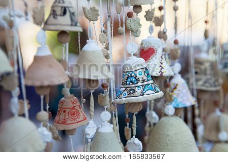 Clay bells Souvenir gift at the market Sorochyntsi, Ukraine
